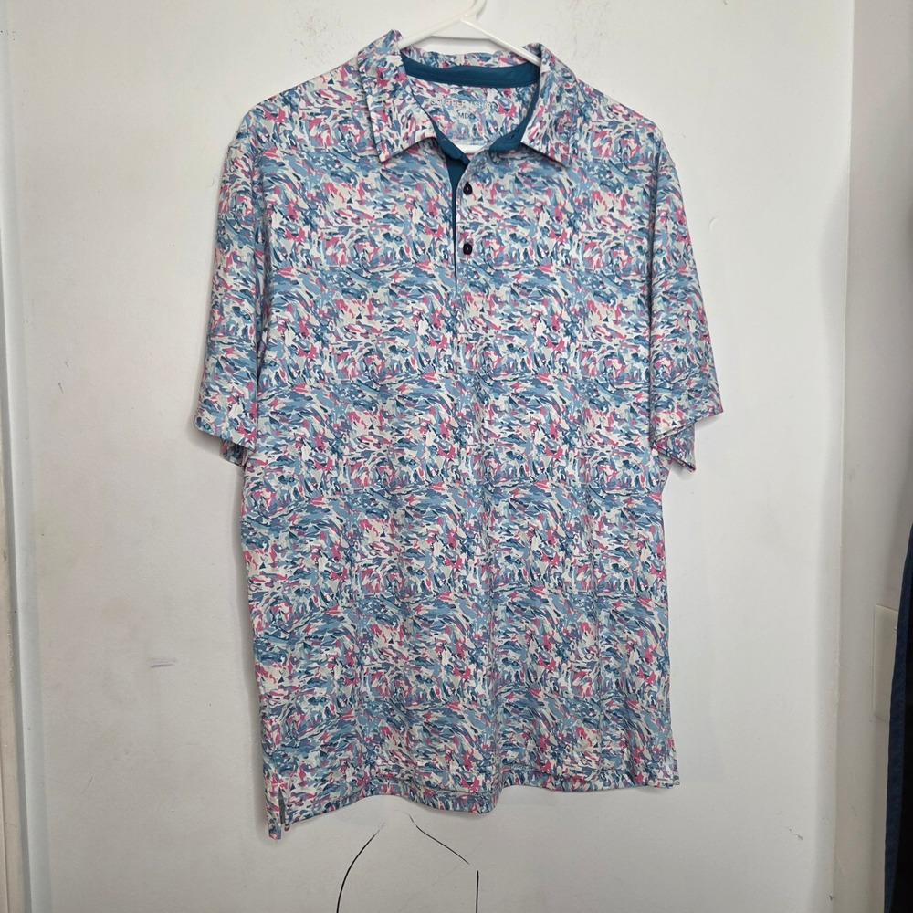 Southern Shirt Mens Performance Polo Blue Pink Abstract Camo‎ Stretch MD